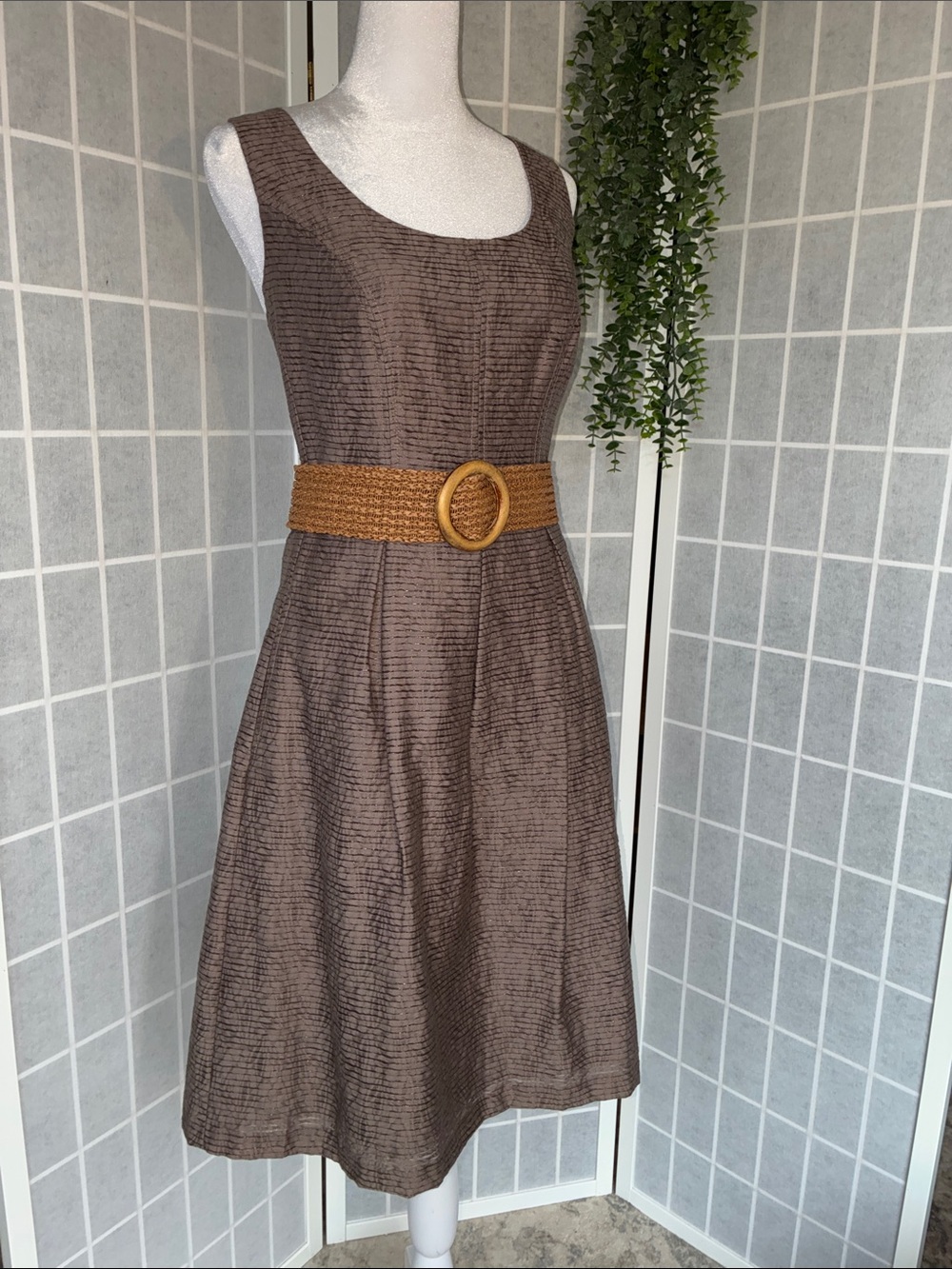 Nine West Brown Sleeveless Midi Dress with Woven Tan Belt, Fully Lined, 14